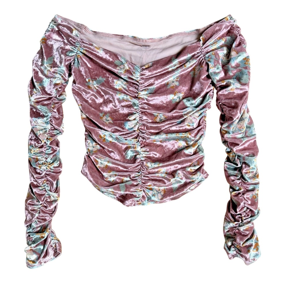 Free People Pink Floral Velvet Ruched Off Shoulder Crop Top Y2K